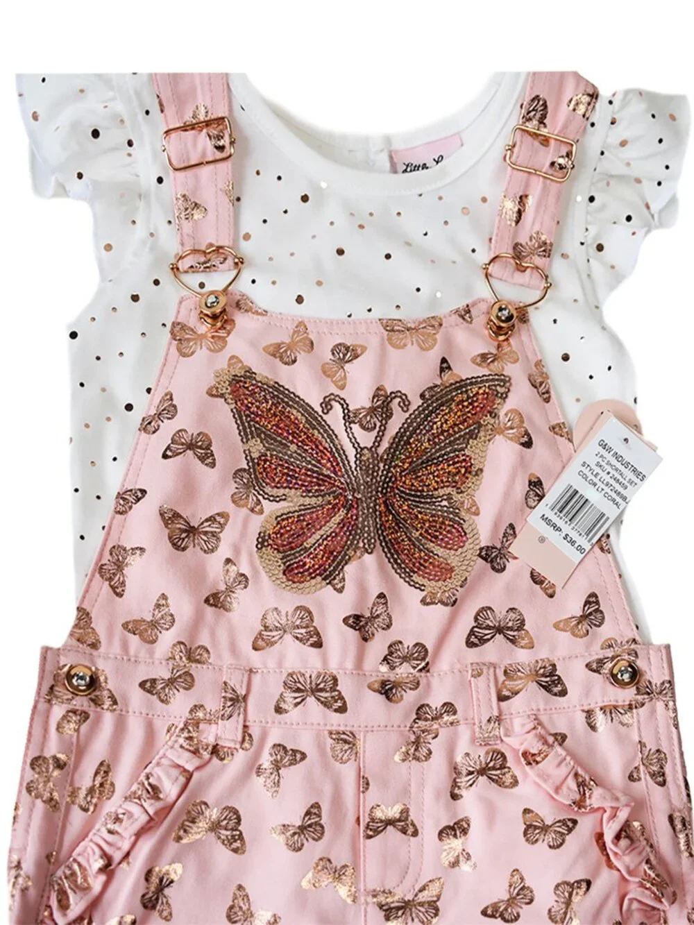 Little Lass Girls 2-Piece Set Denim Ruffled Overall Romper Shorts Shirt Coral - Picture 3 of 5